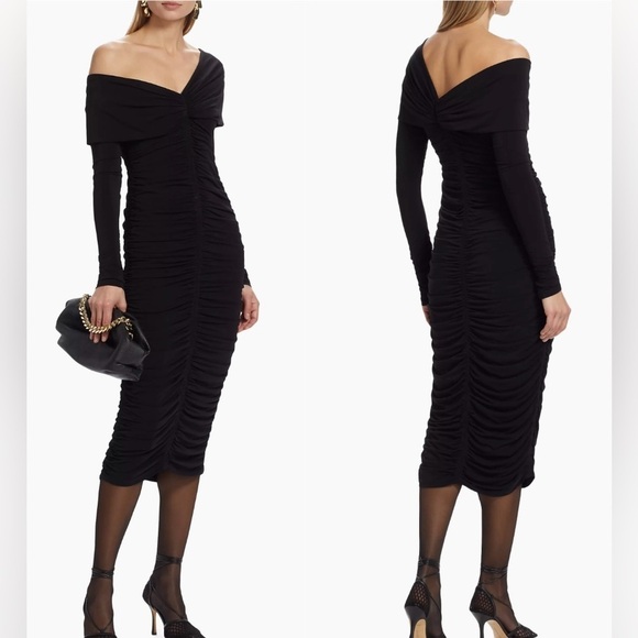 NWOT A.L.C. Off the shoulder long sleeves Ruched Jersey black Midi-Dress sz XS - Picture 1 of 11